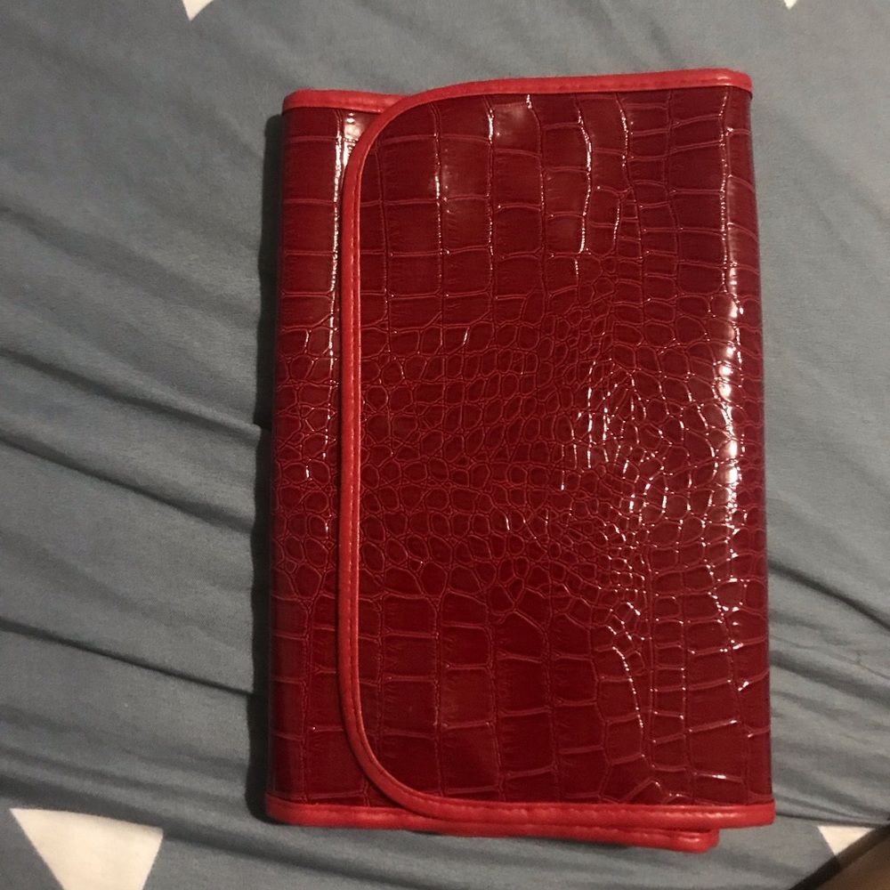 red faux makeup brush bag
